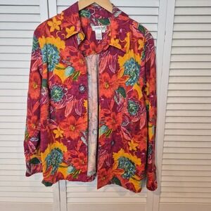 Coldwater Creek Floral Open Front Shirt 1X Plus Cotton Blend Colorful Resort Top